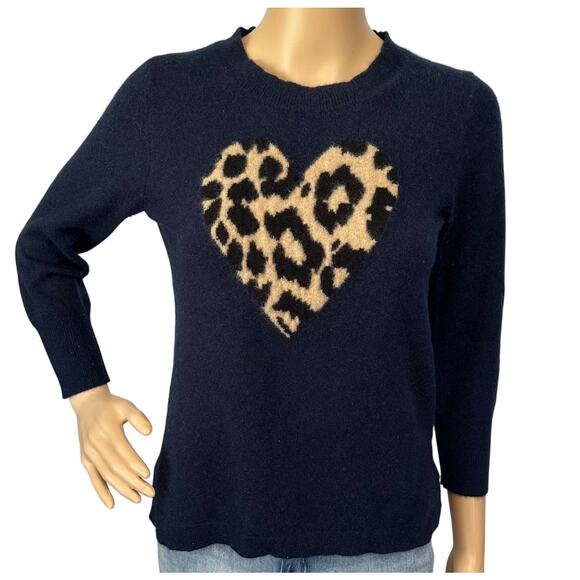 J. Crew Everyday Pure Cashmere Crewneck Sweater with Leopard Heart Blue Size S - Picture 2 of 12